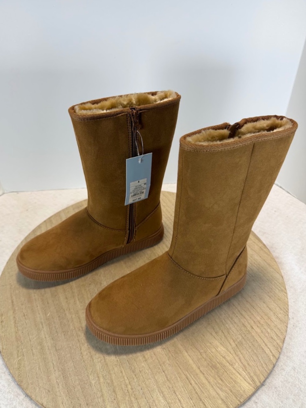 Cat & Jack Natalia Girls Size 4 Cognac Faux Suede Fur Lined Winter Boots NWT